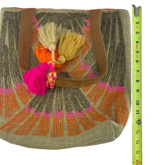 Camel Threads Totes n Toes Beaded Tote Bag Large Vibrant Pink Boho Beach Tassels main image 9
